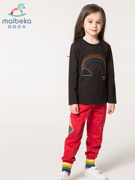 玛拉贝卡童装品牌2020春夏彩虹条纹长袖t恤洋气黑色中大童上衣女孩