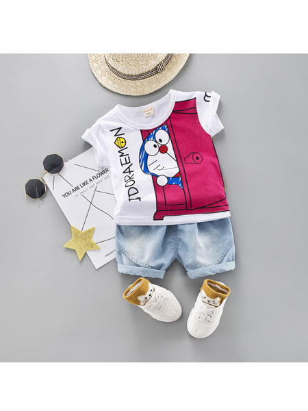 跨跨鱼童装品牌2020春夏新款纯棉儿童短袖T恤套装韩版婴幼儿宝宝牛仔短裤两件