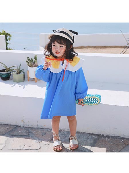 童装品牌2020春夏女童新款韩版纯色娃娃领长袖套头公主连衣裙