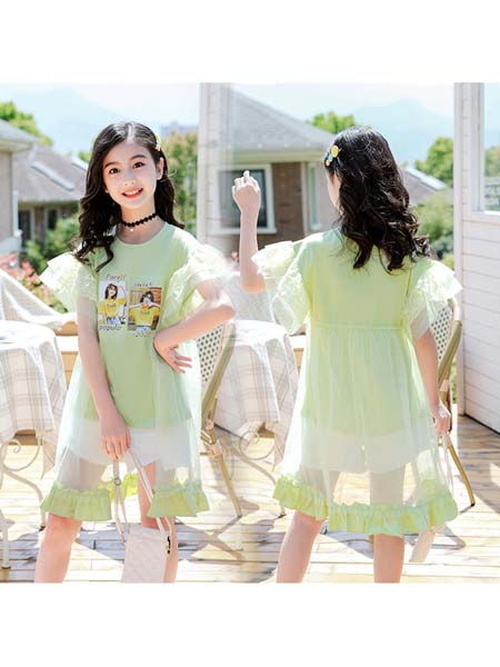 YC·Kids童装品牌2020春夏新款荷叶摆裙短袖拼接网纱新颖潮