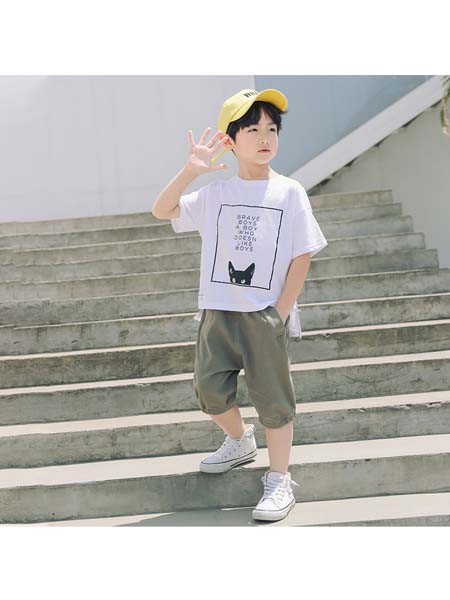 童装品牌2020春夏新款韩版男童卡通猫咪套装 中大童卡通T恤两件套