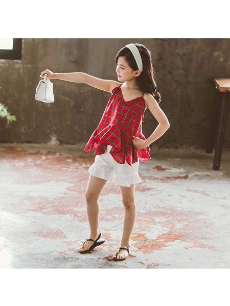 YOBEI·KIDS童装品牌2020春夏新款韩版女童格子花边吊带套装中大童休闲短裤两件套
