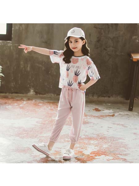 YOBEI·KIDS童装品牌2020春夏新款韩版女童菠萝套装中大童宽松条纹七分裤两件套潮