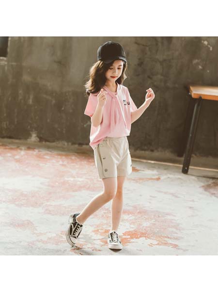 童装品牌2020春夏新款韩版女童领子系带套装 中大童纽扣短裤两件套潮