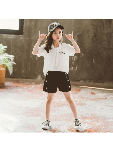 YOBEI·KIDS童装品牌2020春夏新款韩版女童领子系带套装 中大童纽扣短裤两件套潮