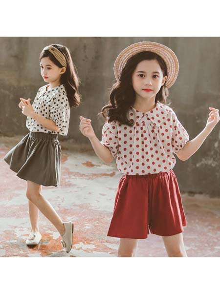童装品牌2020春夏新款韩版女童波点套装 中大童圆点娃娃领短袖两件套