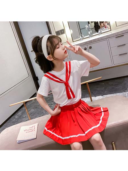 童装品牌2020春夏新款韩版女童百褶裙套装中大童学院风领结短袖两件套