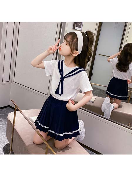 童装品牌2020春夏新款韩版女童百褶裙套装中大童学院风领结短袖两件套