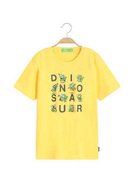 Bossini Kids堡狮龙童装品牌2020春夏黄色字母恐龙趣萌T恤