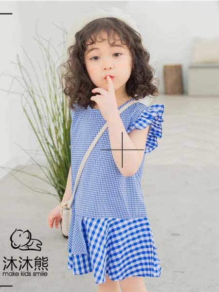 沐沐熊童装品牌2020春夏格纹蓝色连衣裙