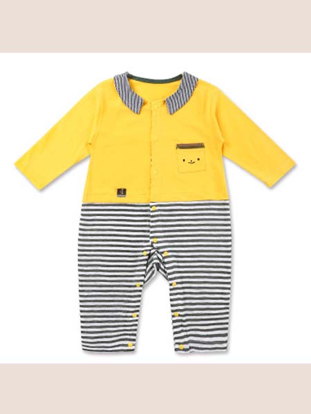 小桔豆童装品牌2020春夏黄色黑条纹连体衣英伦宝宝外出爬服婴幼儿服装哈衣