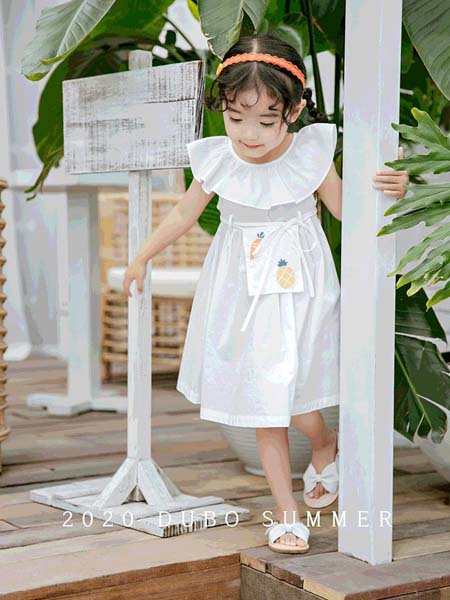 童装品牌2020春夏荷叶领纯白色连衣裙