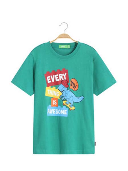 Bossini Kids堡狮龙童装品牌2020春夏积木恐龙T恤蓝绿色