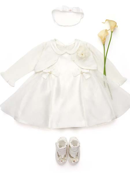 阿卡邦童装品牌2020春夏白色连衣裙蓬蓬裙花朵蝴蝶结