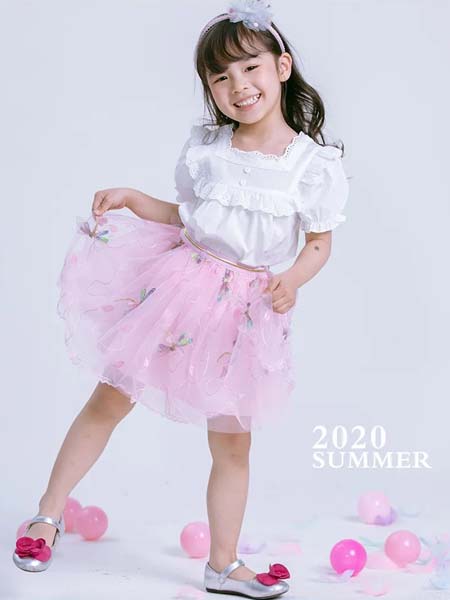 力果童装品牌2020春夏白色花边袖网纱短裙紫色
