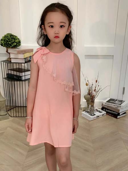 童装品牌2020春夏圆领粉色连衣裙