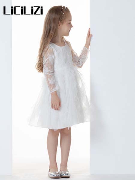 粒子童装品牌2020春夏女连衣裙白色长袖绣花礼服纱裙洋气