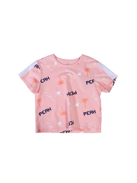 匹克儿童童装品牌2020春夏字母粉桃红儿童圆领短T恤