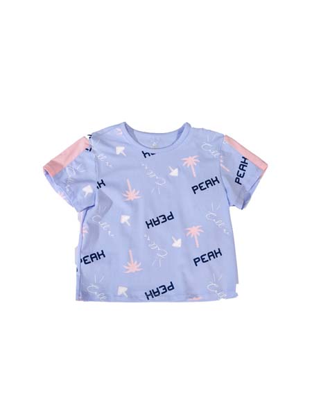 匹克儿童童装品牌2020春夏字母浅蓝色儿童圆领短T恤