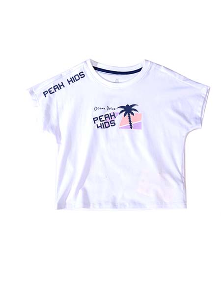 匹克儿童童装品牌2020春夏白色椰子树儿童圆领短T恤