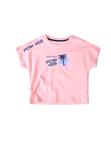 匹克儿童童装品牌2020春夏椰子树粉色儿童圆领短T恤