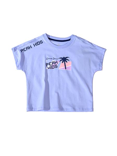匹克儿童童装品牌2020春夏紫蓝色椰子树儿童圆领短T恤