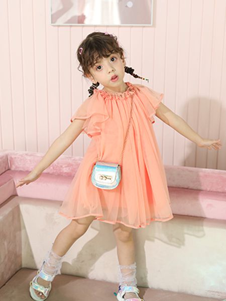 卡儿菲特童装品牌2020春夏橘粉色连衣裙宽松