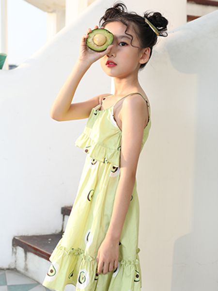 卡儿菲特童装品牌2020春夏吊带绿色连衣裙