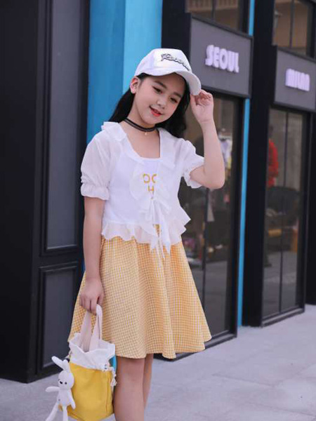 童装品牌2020春夏格纹黄色半裙