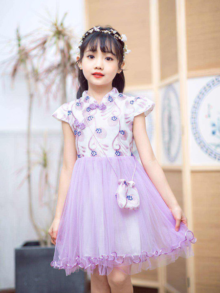 童装品牌2020春夏紫色网纱连衣裙