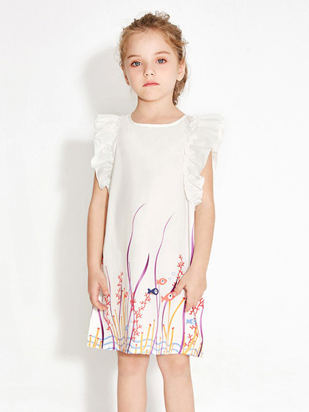 童装品牌2020春夏荷叶袖白色连衣裙