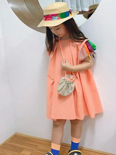 法语，第素童装品牌2020春夏橘粉色连衣裙