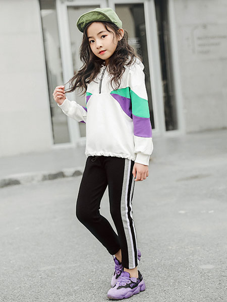 环翠童装品牌2020春夏新款女童韩版休闲半拉链拼色童装两件套装