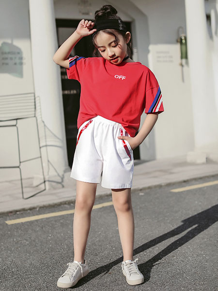 环翠童装品牌2020春夏女童短裤两件套新款韩版彩色织带休闲童套装儿童运动套装