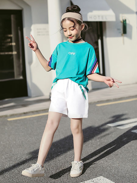 环翠童装品牌2020春夏女童短裤两件套新款韩版彩色织带休闲童套装儿童运动套装