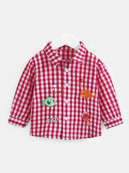 乖米熊童装品牌2020春夏翻领红白色格纹衬衫