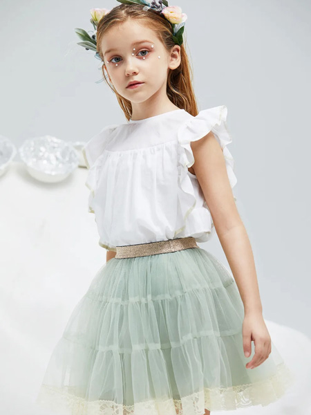 瑞比克童装品牌2020春夏蓝色花瓣无袖上衣绿色网纱半裙