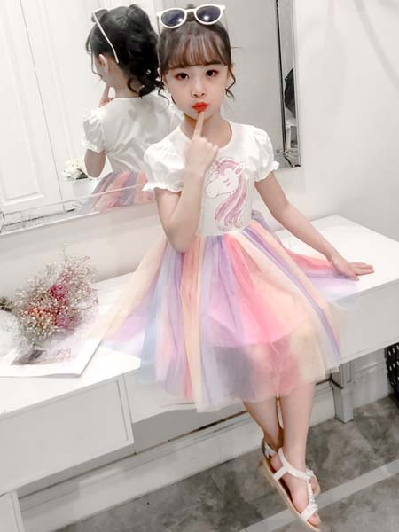 J5J6童装品牌2020春夏女童连衣裙新款夏装韩版超洋气中大儿童彩虹小女孩公主裙