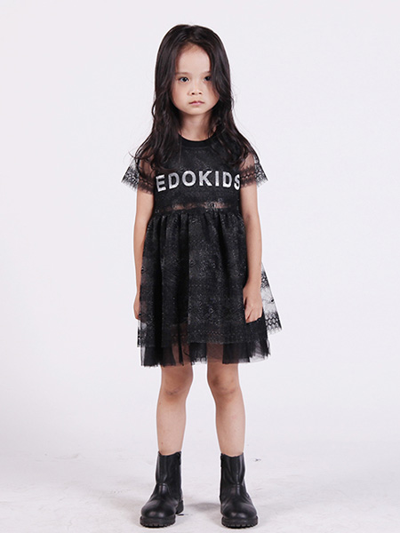 edo KIDS一度童装品牌2020春夏黑色网纱蕾丝连衣裙