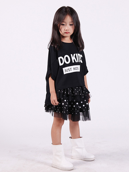 edo KIDS一度童装品牌2020春夏字母黑色T恤波点网纱短裙