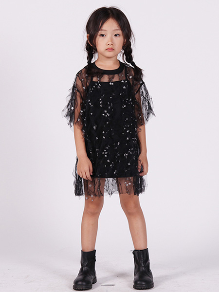 edo KIDS一度童装品牌2020春夏蕾丝修身连衣裙黑色网纱