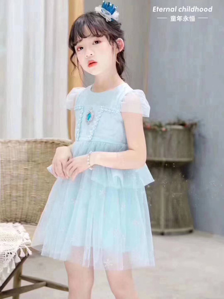 童装品牌2020春夏浅蓝色网纱连衣裙