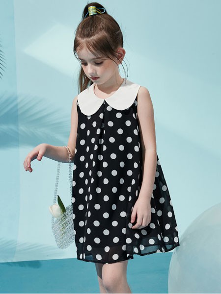 韩国ASK童装品牌2020春夏娃娃领黑色连衣裙波点