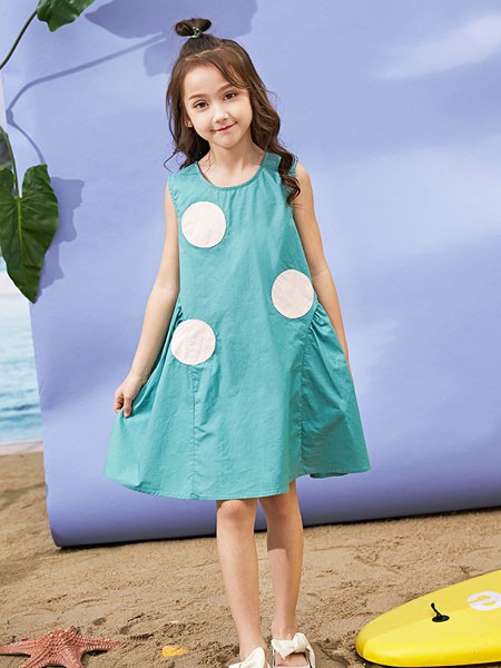 童装品牌2020春夏圆领海绿色连衣裙