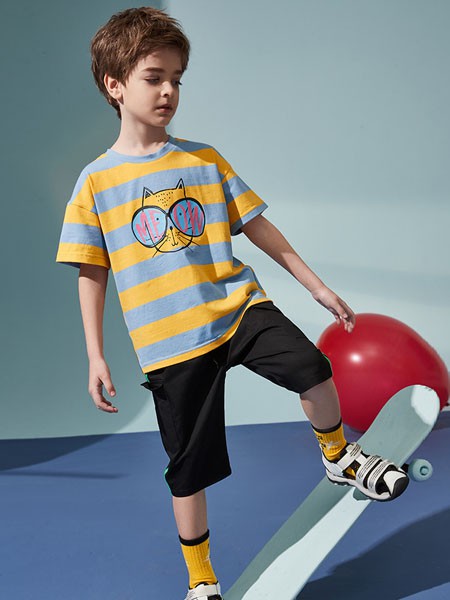 韩国ASK童装品牌2020春夏横纹蓝黄T恤