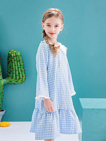 童装品牌2020春夏蓝色修身格纹连衣裙
