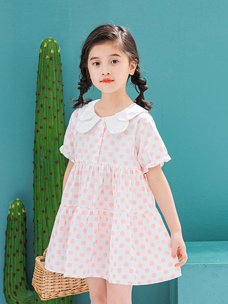 童装品牌2020春夏娃娃领粉色波点连衣裙宽松