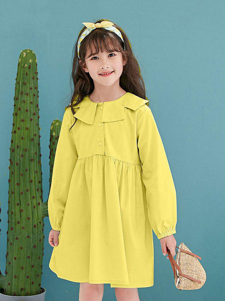 童装品牌2020春夏荷叶领黄色连衣裙