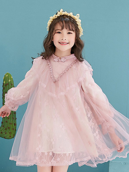 童装品牌2020春夏粉色网纱连衣裙