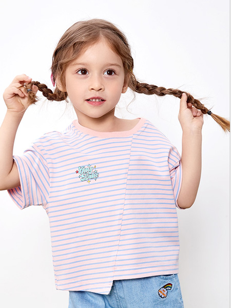 童装品牌2020春夏粉色蓝纹T恤